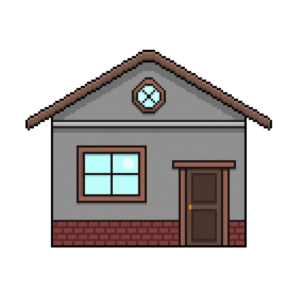 Pixel art of a small house with wooden roof, door, and window