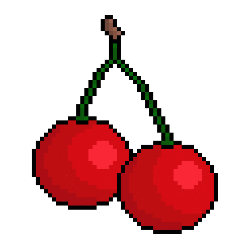A pixel art of two cherries with stem in retro style