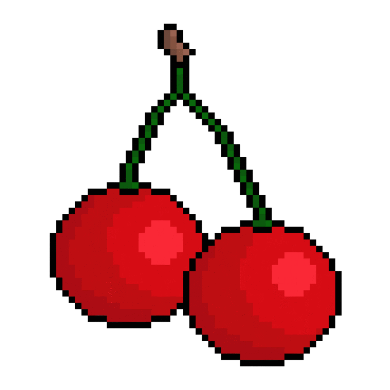 A pixel art of two cherries with stem in retro style