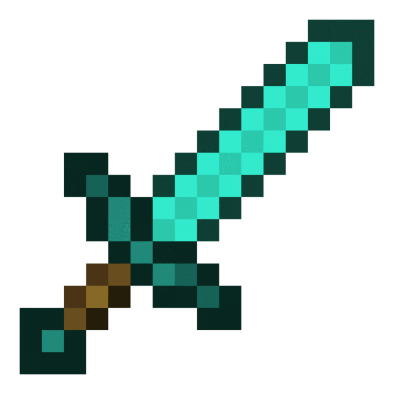 Pixel art of a Minecraft diamond sword in retro style