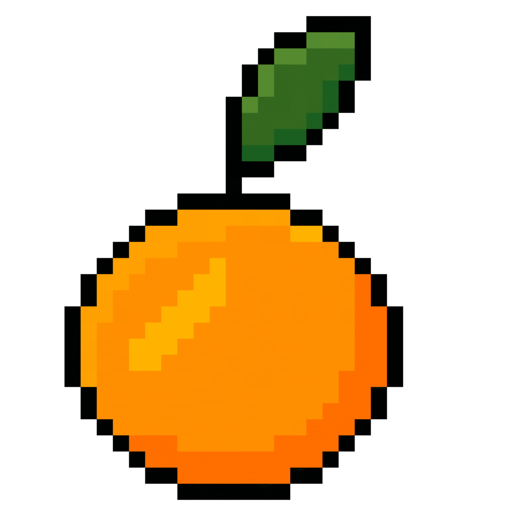 Pixel art of a orange with a green leaf in retro style